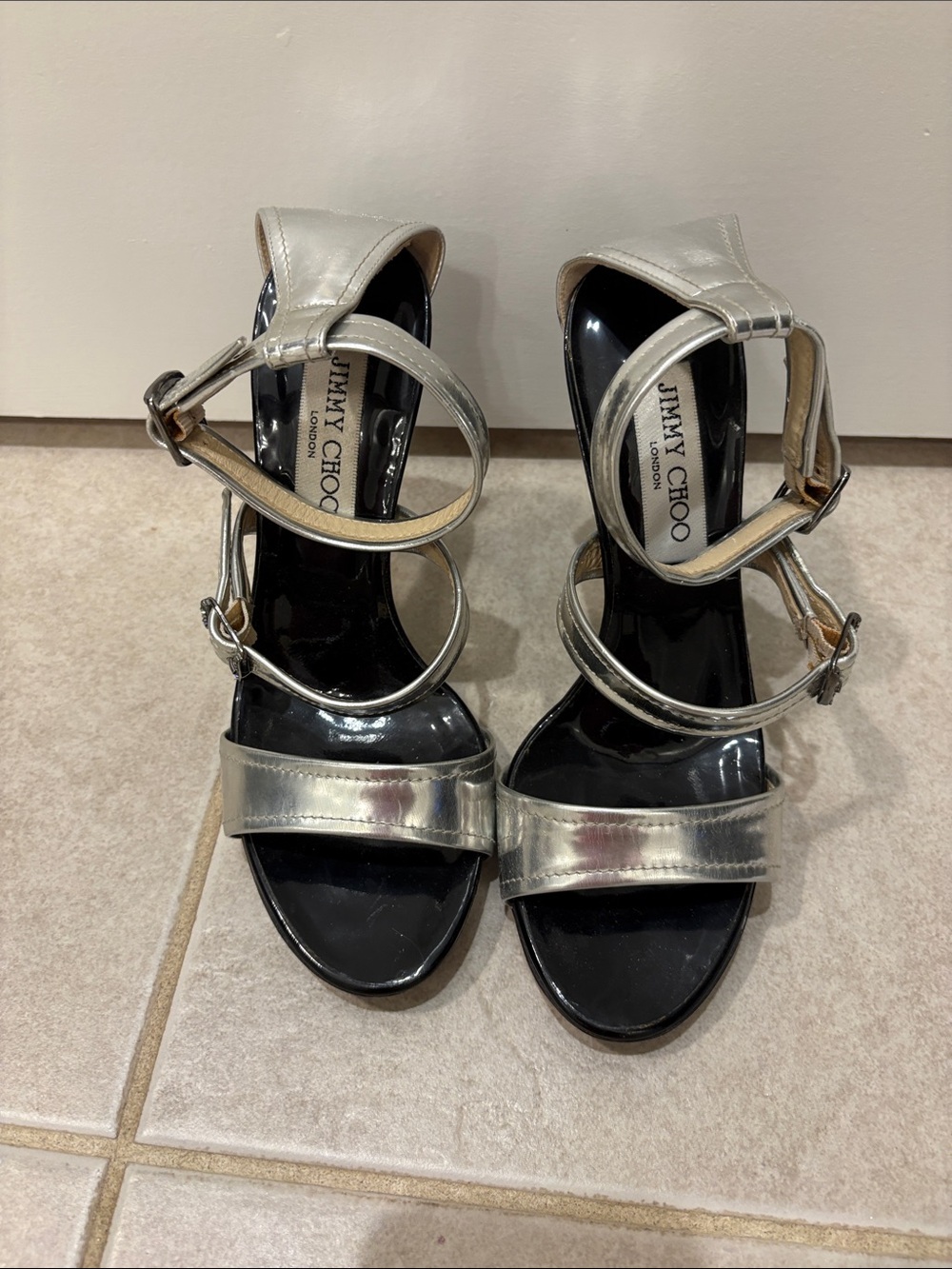 Jimmy Choo Metallic Silver Multi-Strap High Heel Sandals Size 36 1/2